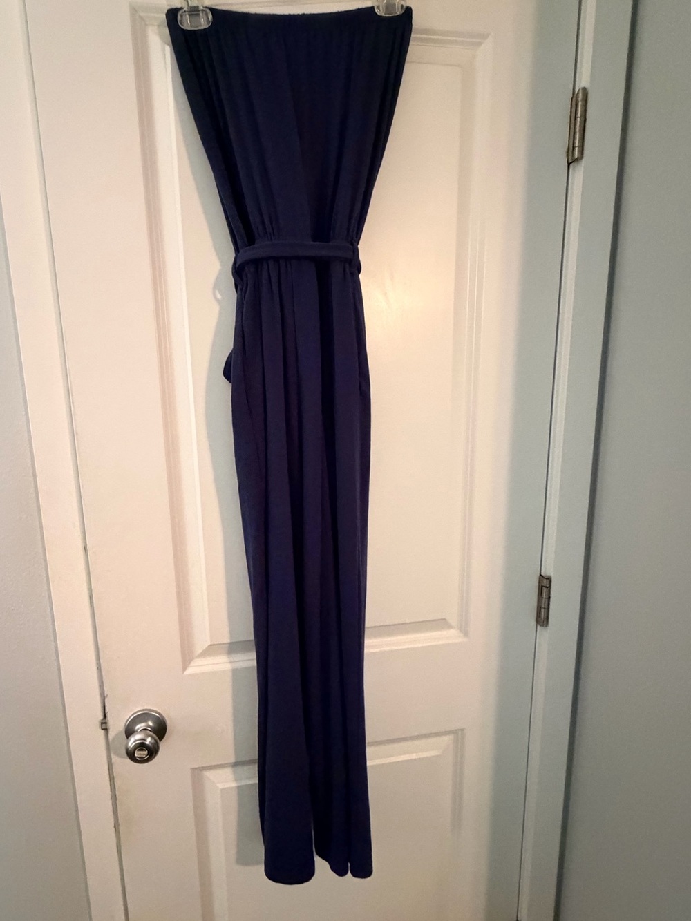 ZESICA Women’s Off Shoulder Navy Strapless Belted Wide Leg Jumpsuit Romper - Picture 11 of 13